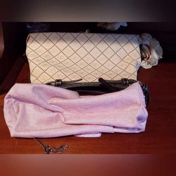 Dooney and Bourke East West Slouch canvas signature fabric. Cream and brown. - Picture 7 of 16